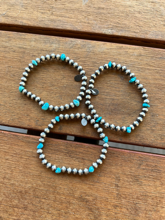 Small Stretchy Turquoise and Silver Beaded Bracelet