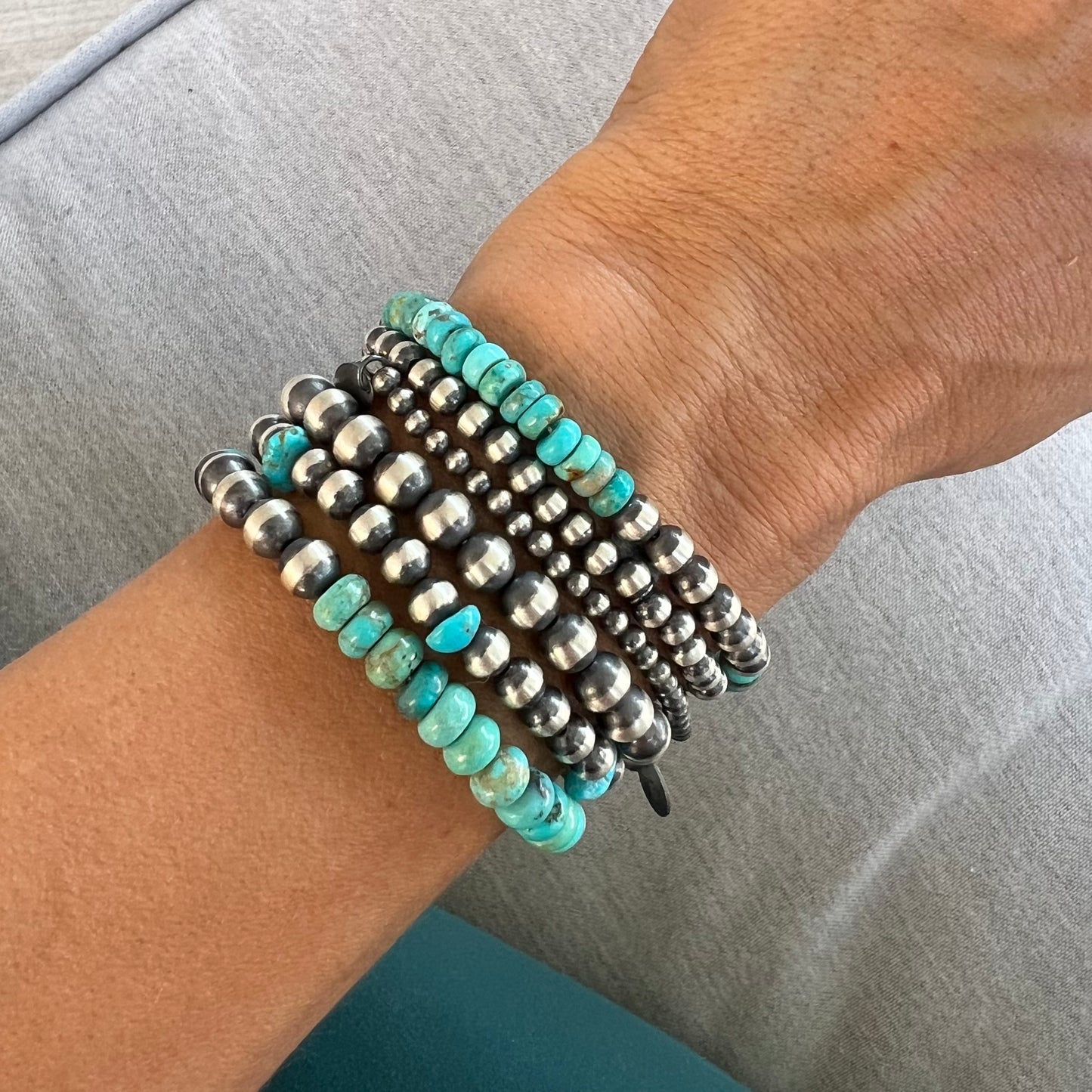 Small Stretchy Turquoise and Silver Beaded Bracelet