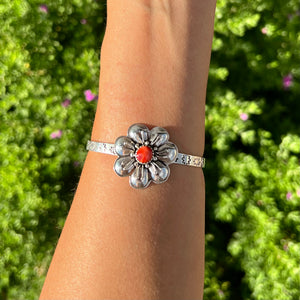 Red Spiny + Sterling Flower Cuff