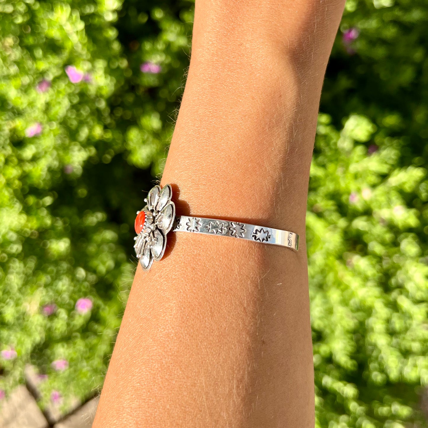 Red Spiny + Sterling Flower Cuff