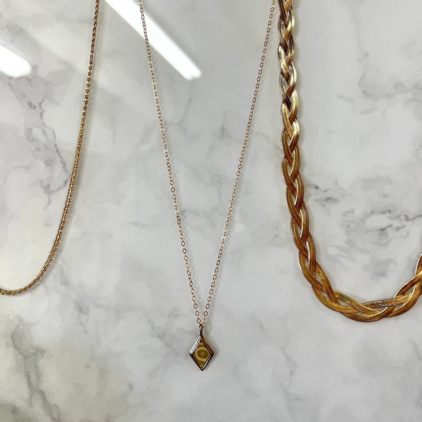 Adia Necklace: Brass + Gold Filled / Fossil Coral