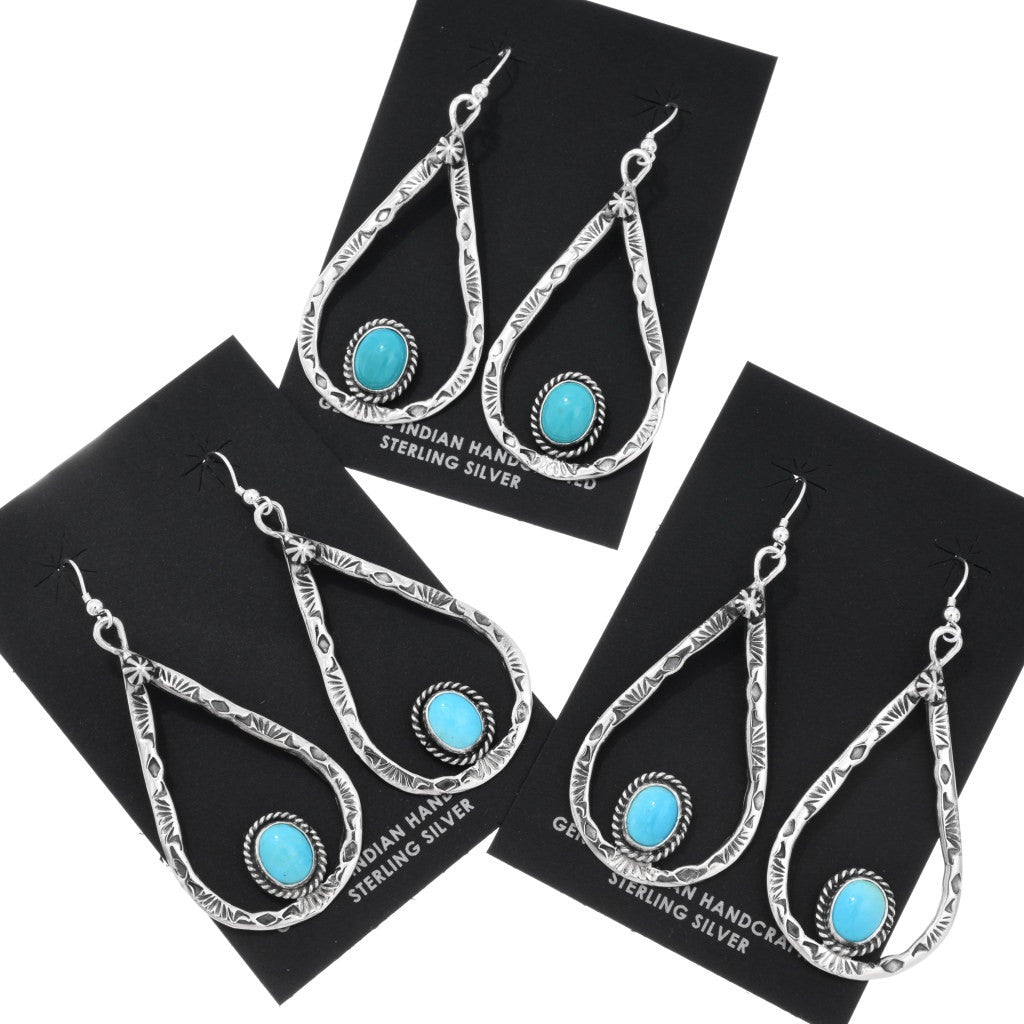 Turquoise and Stamped Sterling Teardrop Earrings