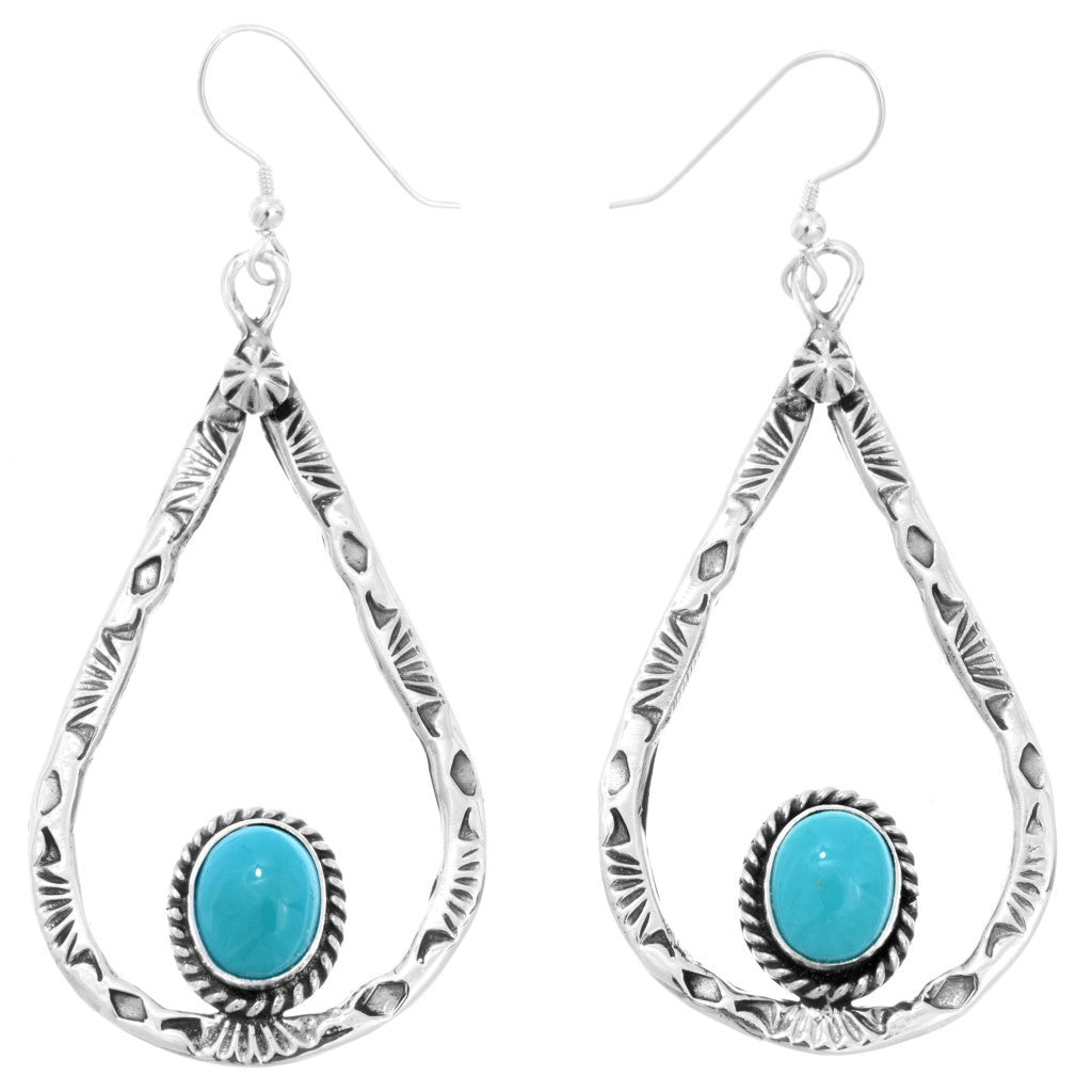 Turquoise and Stamped Sterling Teardrop Earrings