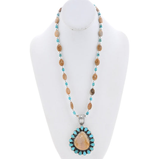 Fossilized Coral and Turquoise Pendant and Beaded Necklace Set