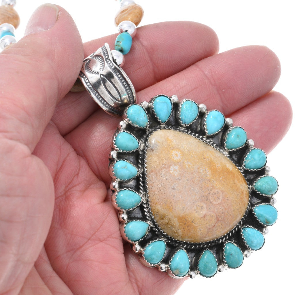 Fossilized Coral and Turquoise Pendant and Beaded Necklace Set