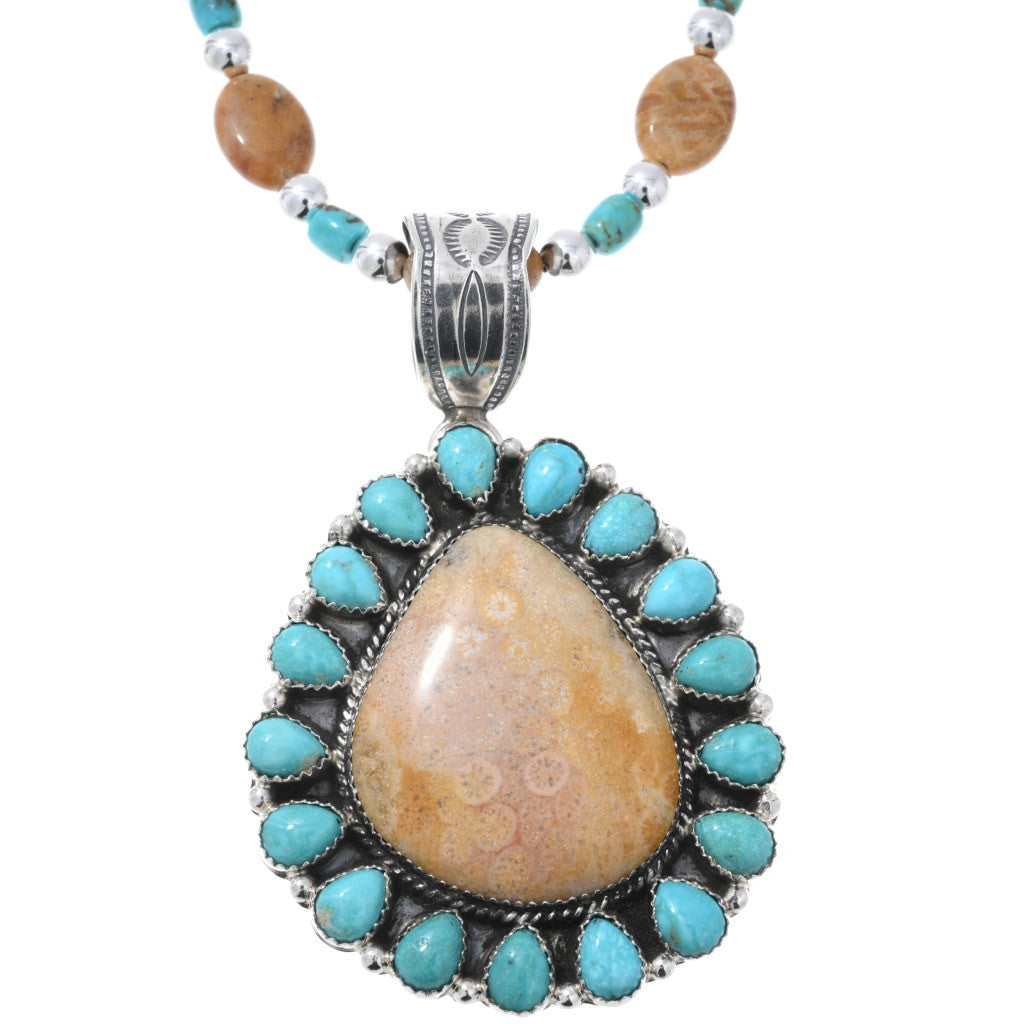 Fossilized Coral and Turquoise Pendant and Beaded Necklace Set