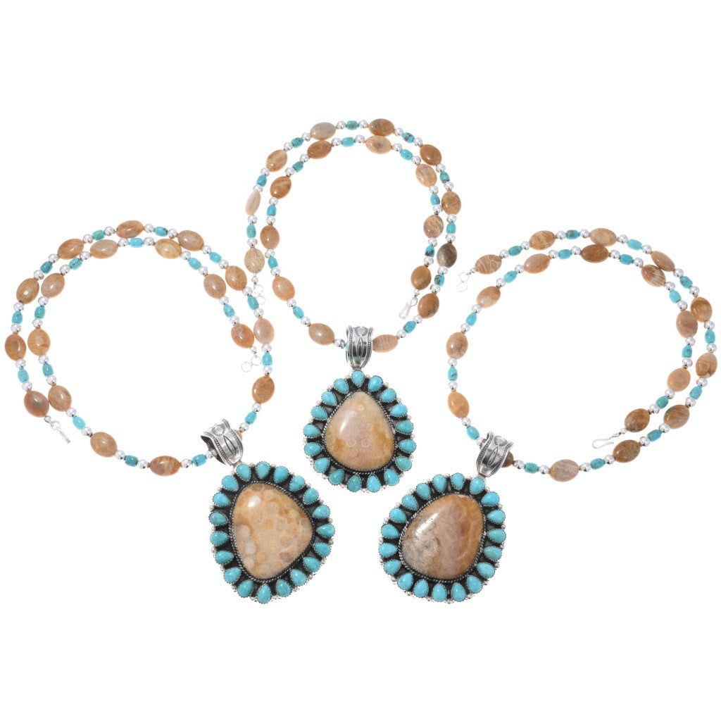 Fossilized Coral and Turquoise Pendant and Beaded Necklace Set