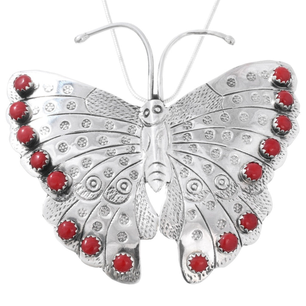 Mediterranean Coral and Sterling Silver Butterfly Pendant