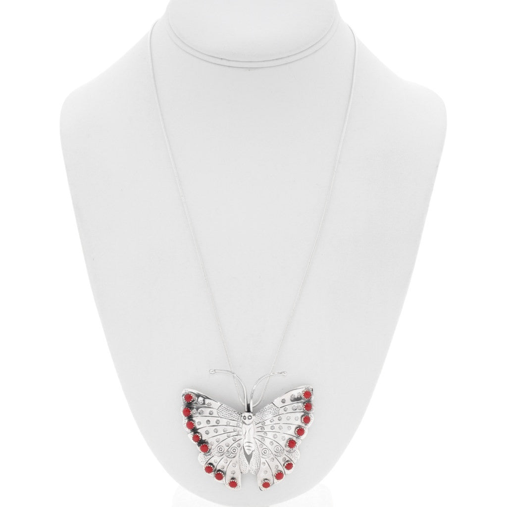 Mediterranean Coral and Sterling Silver Butterfly Pendant