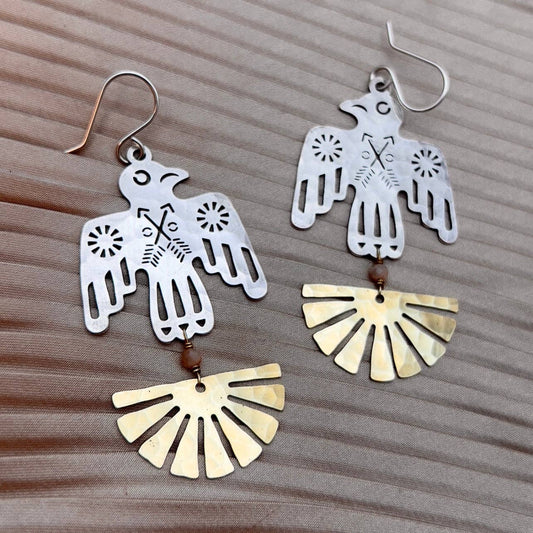 Handmade Thunderbird Earrings: Silver + Gold