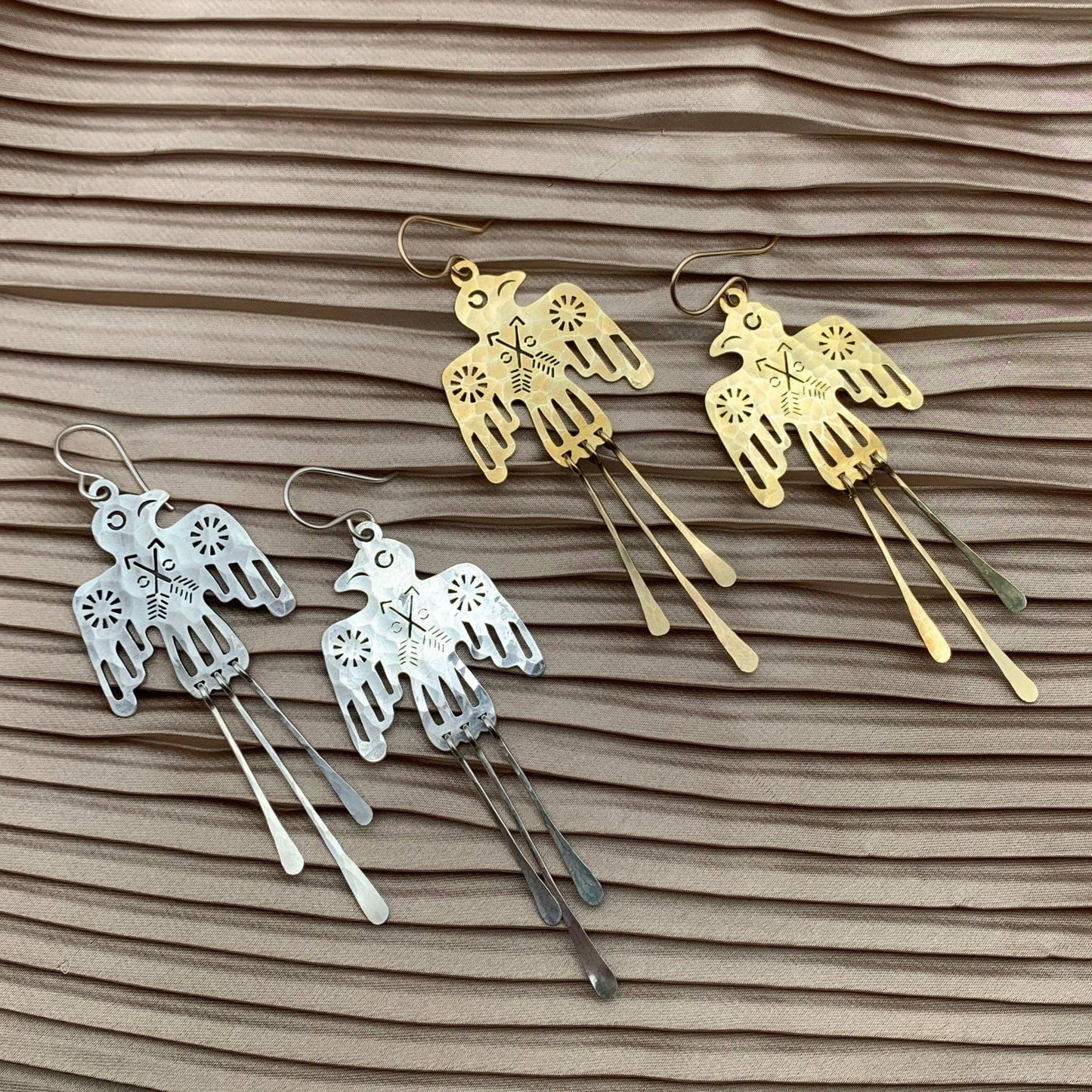 Handmade Thunderbird Fringe Earrings: Gold