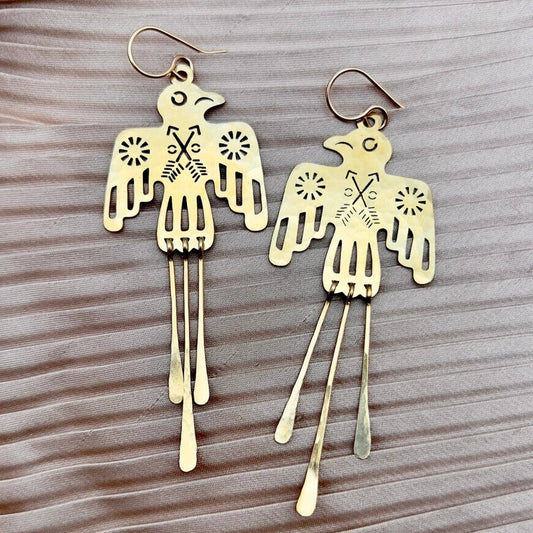 Handmade Thunderbird Fringe Earrings: Gold