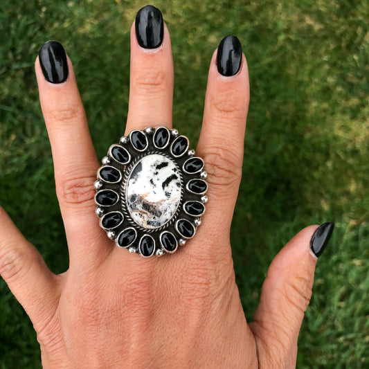 La Rosa White Buff & Onyx Cluster Ring