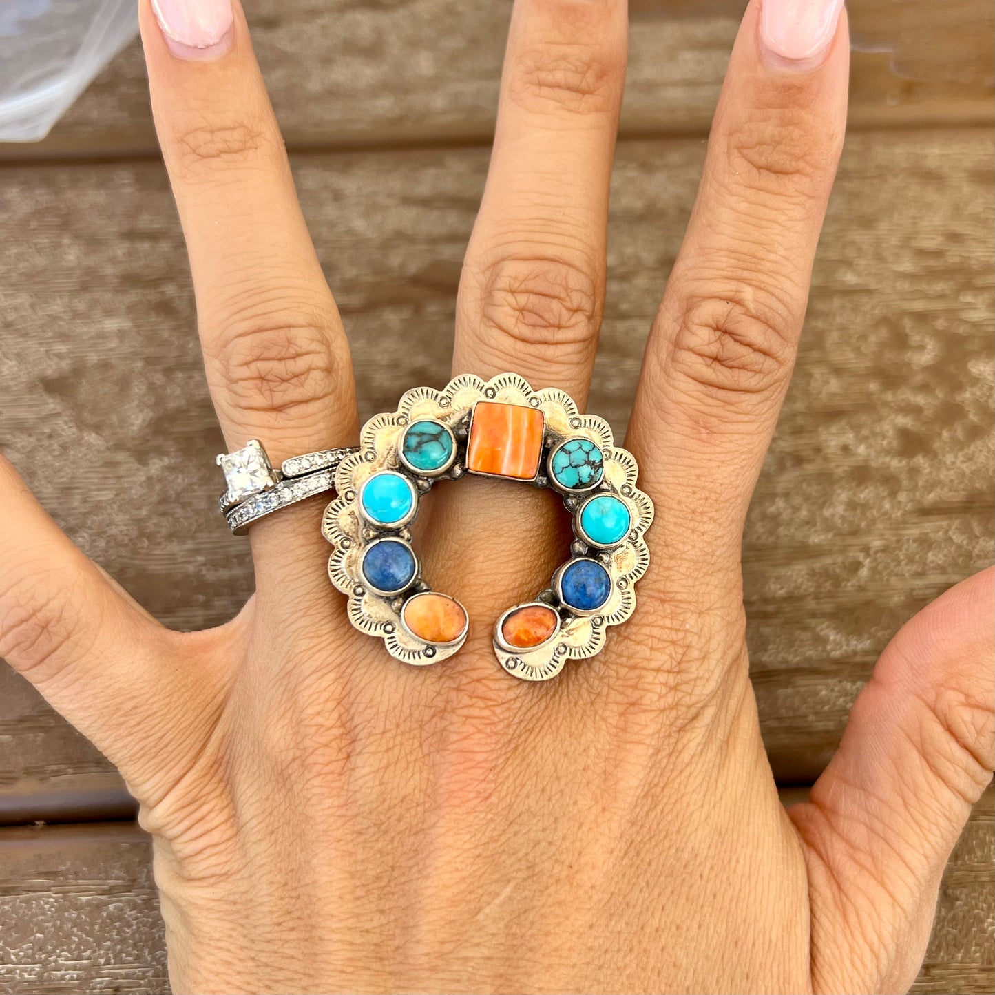 Adjustable Multi Stone & Sterling Naja Ring